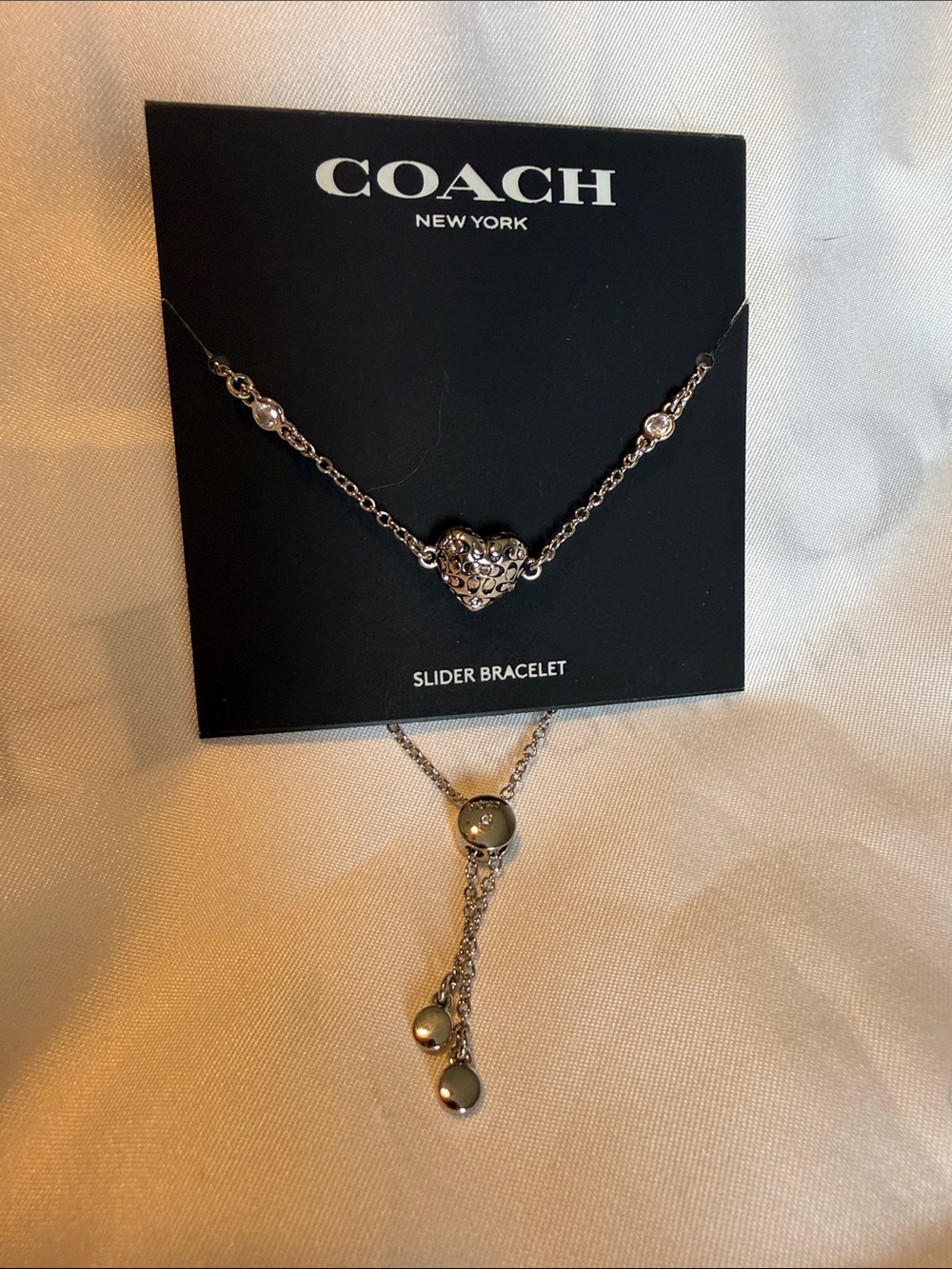 Coach Silver Heart Slider Bracelet with Crystal Accents